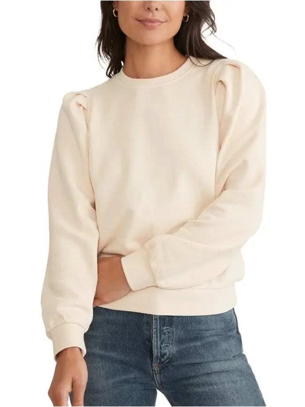 Marine Layer Enya Puff Sleeve Sweatshirt Beige Crewneck Cotton S 25229